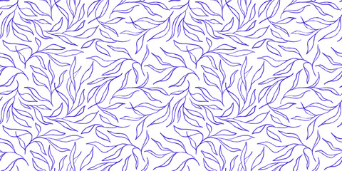 Abstract floral seamless pattern hand-drawn in blue marker. Gentle minimal botanical design for fabric, wrapping paper, and modern decor.