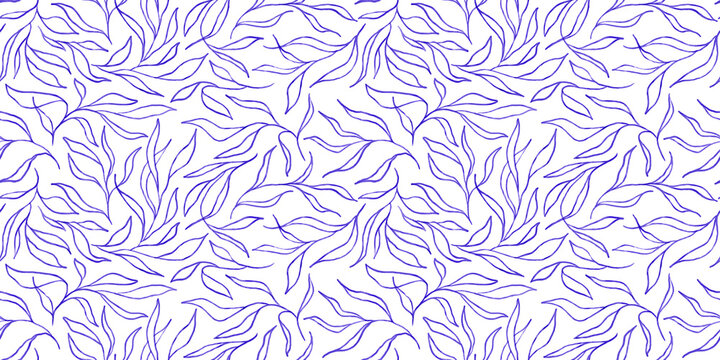 Abstract floral seamless pattern hand-drawn in blue marker. Gentle minimal botanical design for fabric, wrapping paper, and modern decor.
