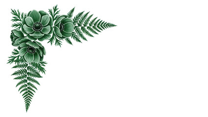 Minimal luxury watercolor floral frame corner with anemones and ferns in deep emerald green isolated on white background.png