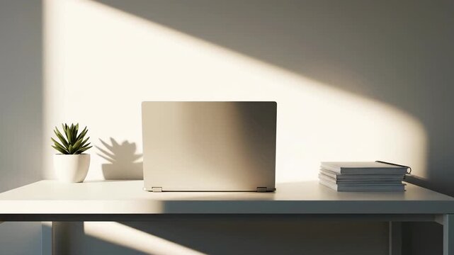 Laptop on a desk with sunlight and shadows.