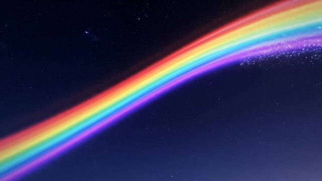 Colorful rainbow arcing across a starry night sky with shimmering particles