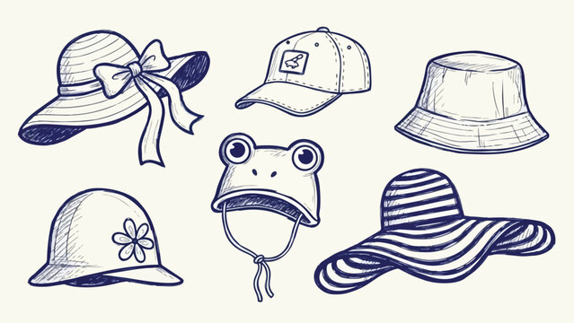 Hand drawn sketch collection of six different types of hats including sun hat, baseball cap, frog hat, bucket hat, flower helmet, and striped wide brim hat