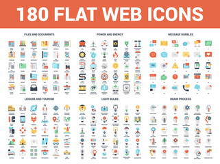 Vector Set Of 180 Flat Web Icons On Following Themes Files And Documents Power And Energy Message Bubbles Leisure And Tourism Light Bulbs Brain Process © hemraj