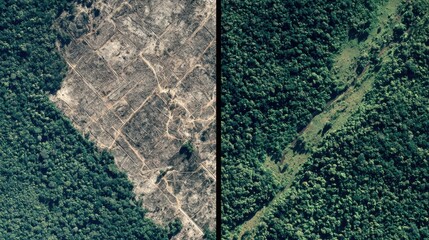 Aerial view shows deforestation juxtaposed with lush forest