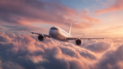 Airplane flying through colorful sunset clouds