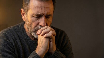 Elderly man with gray beard praying and reflecting at home  