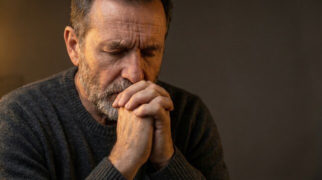 Elderly man with gray beard praying and reflecting at home  