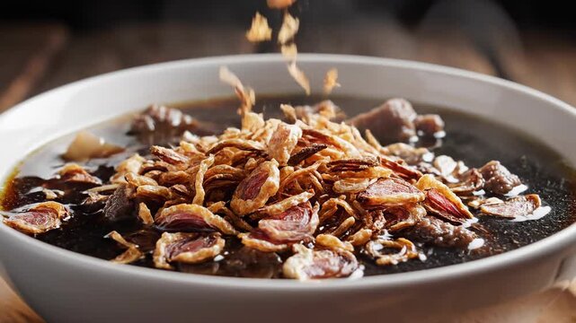 Extremely slow motion capture of crispy fried shallots being gracefully sprinkled onto the surface of a bowl of savory rawon soup delicious, culinary, garnish