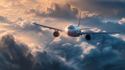 Airplane flying through dramatic sunset clouds