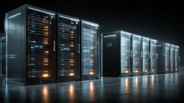 A Cutting-Edge Data Center Displaying Rows of High-Performance Servers Illuminated with Bright LEDs, Showcasing Advanced Technology and Efficient Data Management.