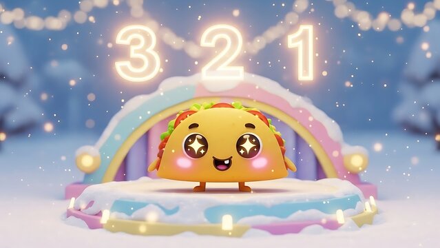 A smiling taco stands under a colorful rainbow arch with numbers 321 in a snowy festive scene.