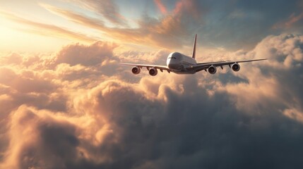 Commercial airplane flying through clouds at sunset