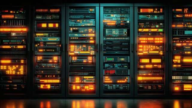 A captivating view of a vibrant data center featuring an array of intricate server racks illuminated with colorful lights, showcasing complex technology and digital connectivity.