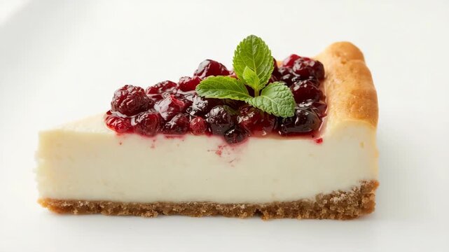 A single slice of creamy cheesecake with a golden graham cracker crust, topped with rich red berry compote and a fresh mint leaf garnish, isolated on a clean white background.