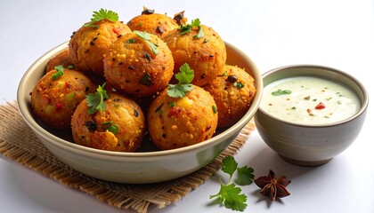 A bowl of golden, spiced, spherical snacks with a side of creamy dip, garnished with herbs and spices