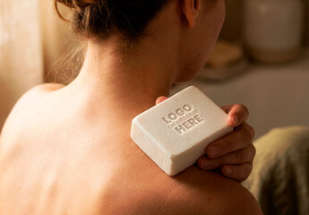 Woman with Soap Logo Message Branding Mockup