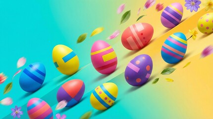 Bright Easter eggs on colorful background, festive decoration for Easter celebration