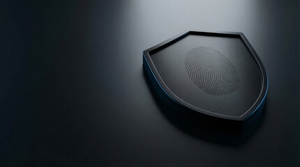 Black shield with fingerprint design on a dark surface, symbolizing security and protection, showcasing modern technology and innovation in digital safety solutions
