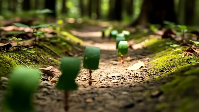A Column of Leafcutter Ants Carries Green Leaves Through the Forest.