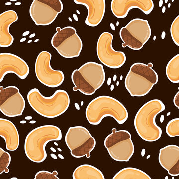 Cashew and acron seamless pattern with dark background. Can be used for wallpaper, paper wrapping and healthy food decoration