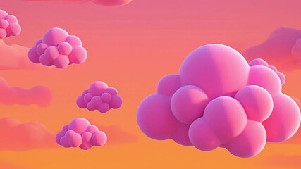 3D pink clouds float against a gradient sky of orange and pink stylized and whimsical
