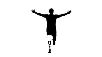 Man with prosthetic leg jumping with outstretched arms