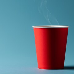 A red disposable paper cup with steam rising from the top on a blue background