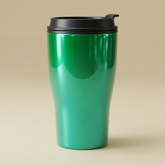 A shiny green travel mug with a black lid on a beige surface