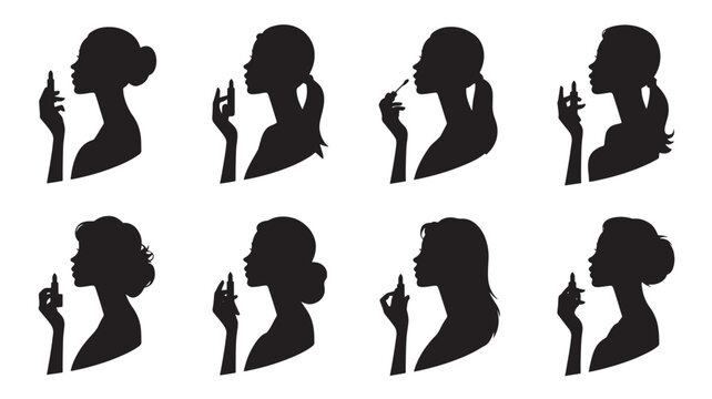 Black Silhouettes of Women Applying Makeup on White Background