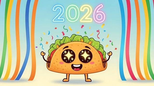 A cheerful taco mascot celebrates with confetti under colorful arches in 2026.