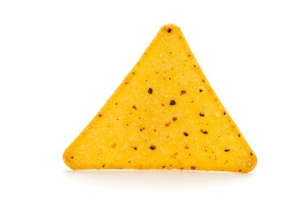 A single yellow tortilla chip with black and red specks on a white background