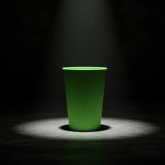 A single green plastic cup illuminated by a spotlight in a dark room