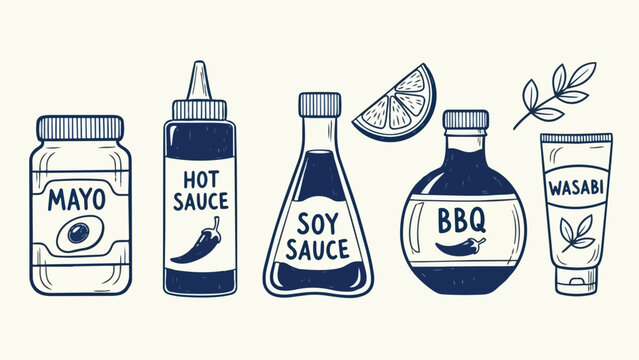 Hand drawn vector art of assorted condiment bottles including mayo, hot sauce, soy sauce, bbq sauce, and wasabi with lemon slice and herbs