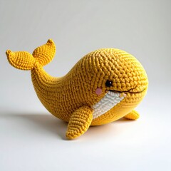 Fototapeta premium Crocheted yellow whale toy with tail up, white belly, and sweet expression