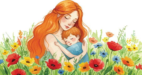 Mother and child in a field of colorful flowers on a sunny day