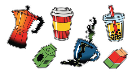 Colorful vector art of red stovetop coffee maker, spilling blue cup with coffee, takeaway cup, bubble tea and milk cartons casual beverage icons