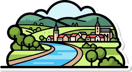 Obraz premium An illustrated cartoon village scene with a river, houses, church, rolling hills, and trees