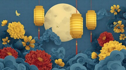 Elegant night scene featuring glowing lanterns, vibrant flowers, and a full moon with clouds creating a peaceful, colorful cultural celebration background