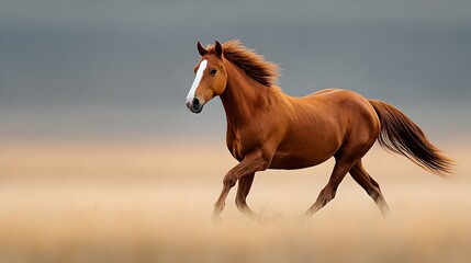 Majestic brown horse running freely in open countryside during outdoor landscape capturing beauty and power of wildlife in natural environment