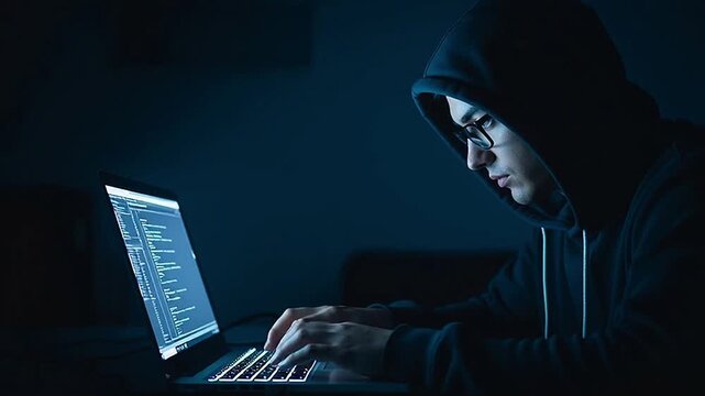 Cybercriminal using a laptop in a dark room, engaging in illicit online activities and computer hacking