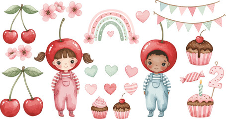 Whimsical illustration of children dressed as fruits surrounded by sweets and flowers