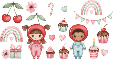 Whimsical illustration of children in fruit hats surrounded by cupcakes and decorations