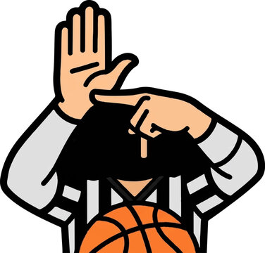 Basketball referee signaling a foul or timeout, holding a ball, wearing a striped uniform