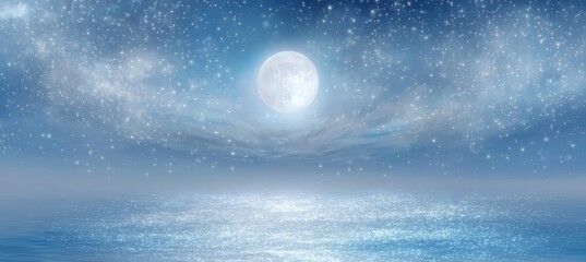 Night starry full moon and calm sea. Generative AI technology.