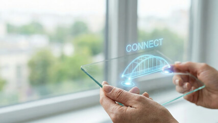 Futuristic connect bridge high tech planning concept, hologram interface glass device hand, abstract network and communication high level vision