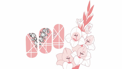 Elegant pink nail decals with sparkling gems and delicate floral accents