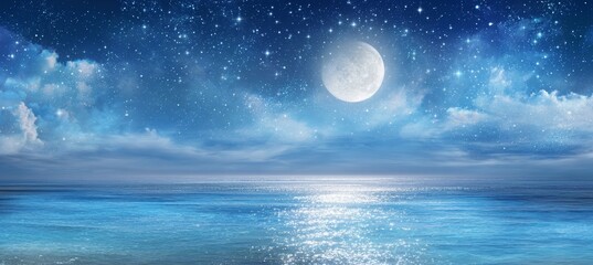 Night shiny full moon and blue sea water. Generative AI technology.