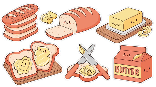 Cute smiling slices of bread with butter curls spread on toast and packing butter box in kawaii style vector art