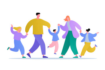Obraz premium Joyful Family Bonding: A lively cartoon depicts a family of five, united in happiness as they playfully hold hands. A celebration of love and togetherness