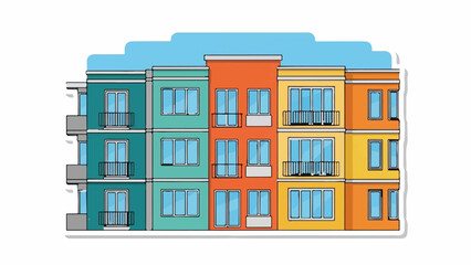 Fototapeta premium Colorful cartoon-style apartment buildings with balconies and windows under a blue sky, outlined with a shadow